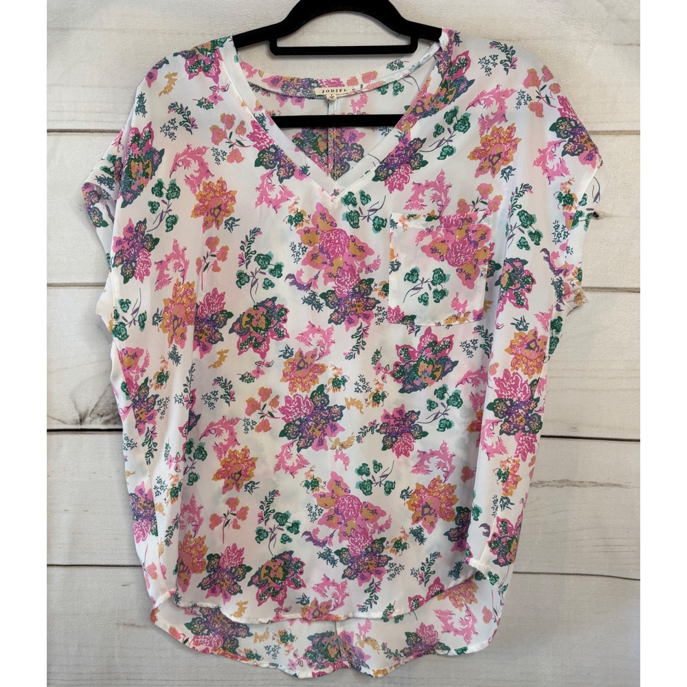 Jodifl Floral V-Neck Blouse Pink Purple Green White Short Sleeve H8804-11 Small